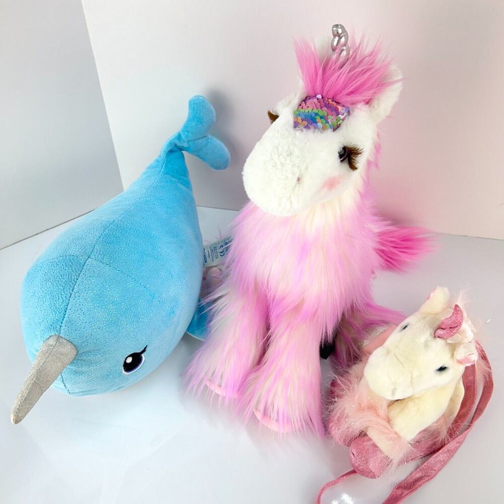Lot of 3 Unicorn Plush BAB Sparkle Narwhal & Mini Purse DOUGLAS Zuri Fur Fuzzle